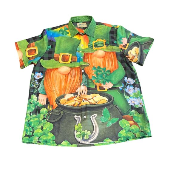 ROYAURA HAWAIIAN St. Patrick's Day Shirt Sz L Fun Colours Leprechaun Pot of Gold - Picture 1 of 8